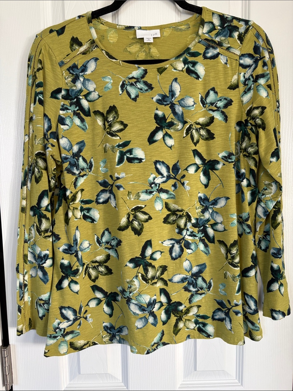 J. Jill Olive Green & Blue Floral Long-Sleeve Top with Collar & Sleeve Detail
